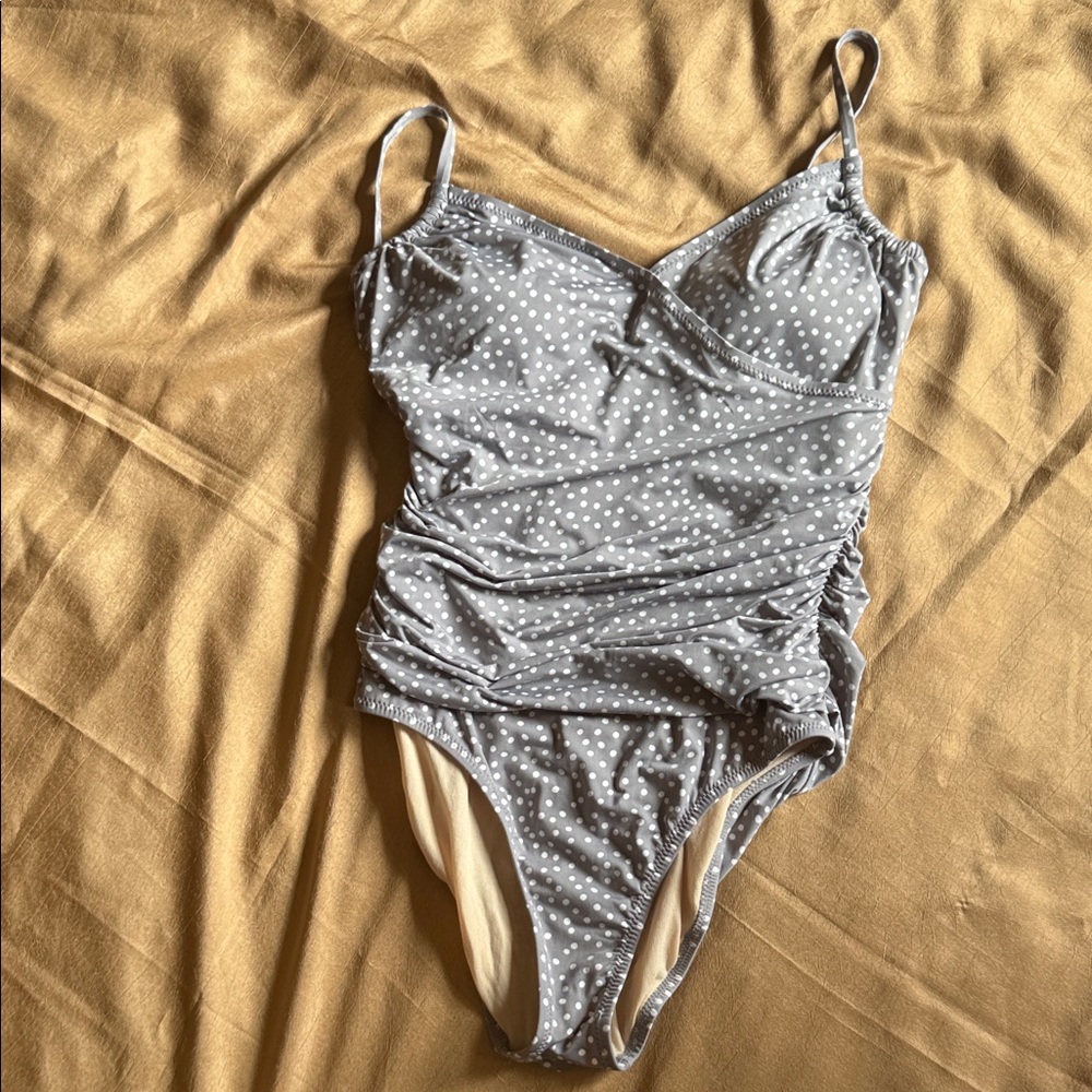 Garnet Hill Gray & White Polka Dot One-Piece Bandeau Swimsuit